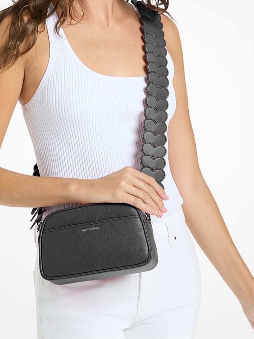 Michael Kors Black Leather Crossbody Bag with Heart-Detail Strap